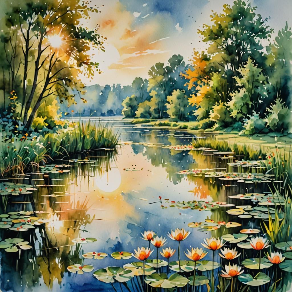 Impressionist Pond with Water Lilies in Watercolor