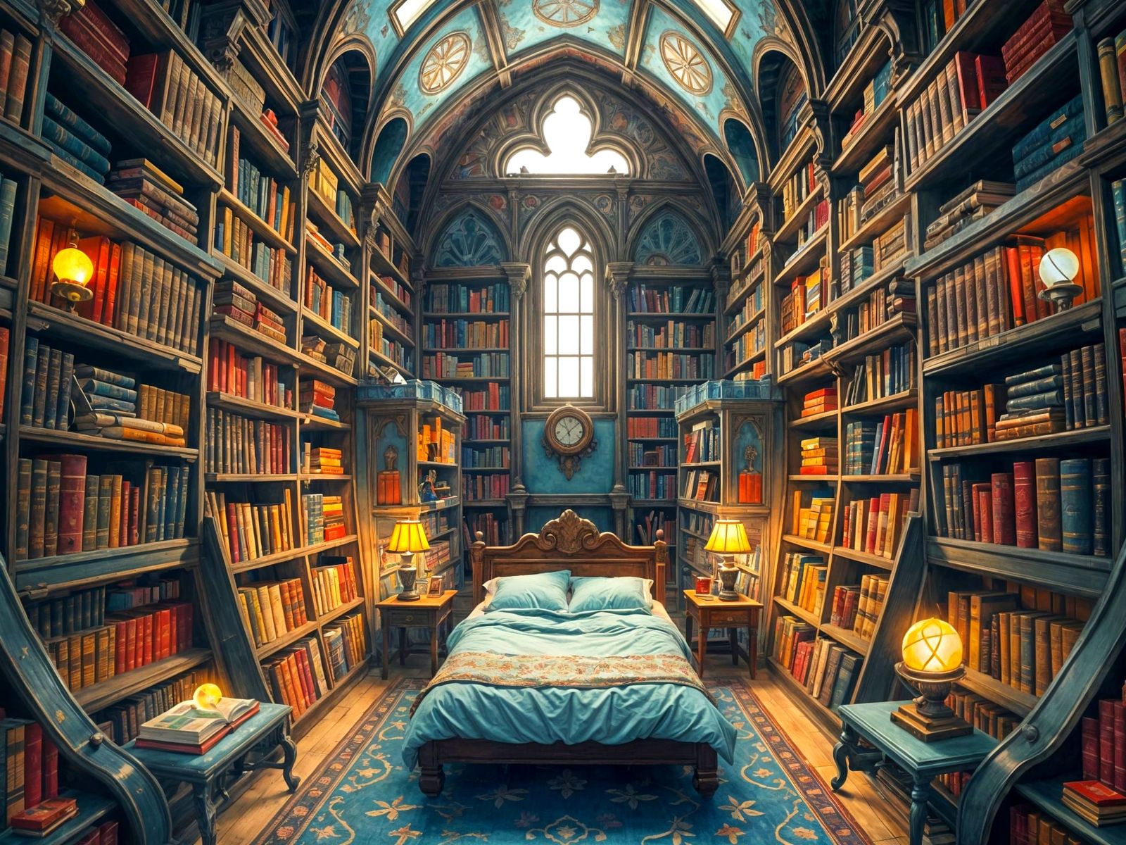 Whimsical Castle Library with Vibrant Bed