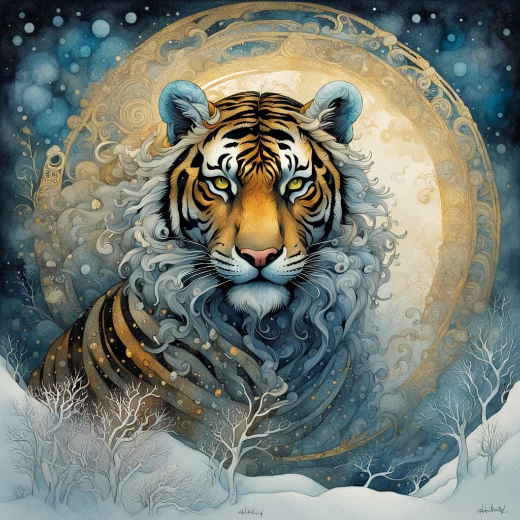 Surreal Winter Tiger in Whirling Snow Dance
