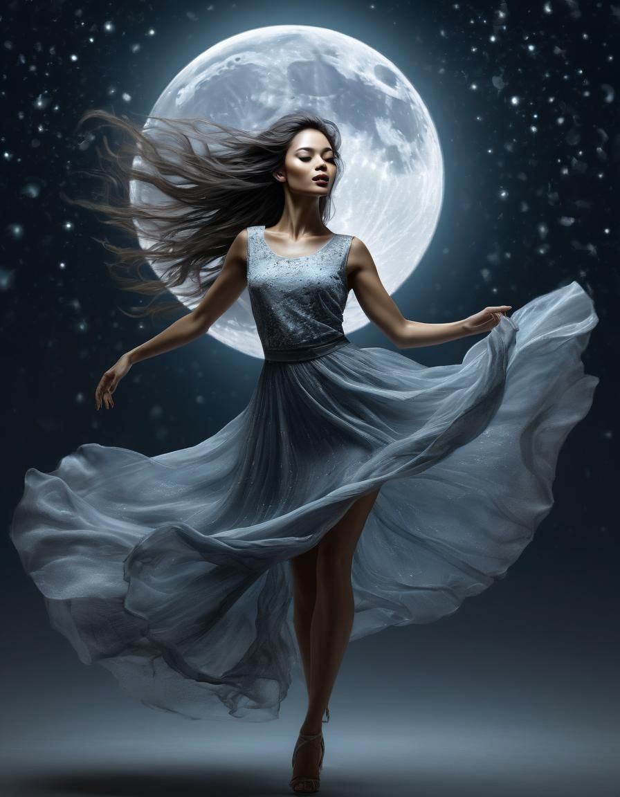 Beautiful Girl Dancing Under the Moon, Photorealistic