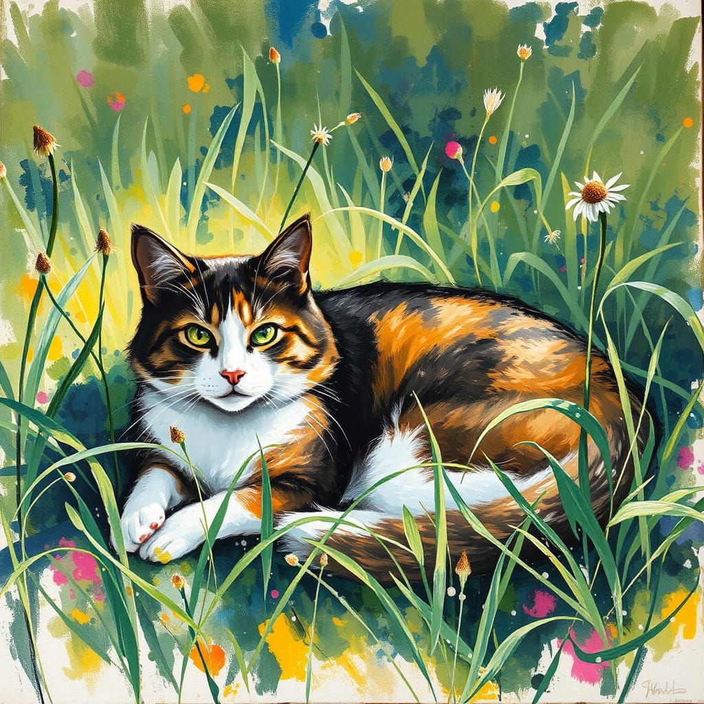 Elegant Cat and Dog in Verdant Landscape, Hyper-Realistic Go...