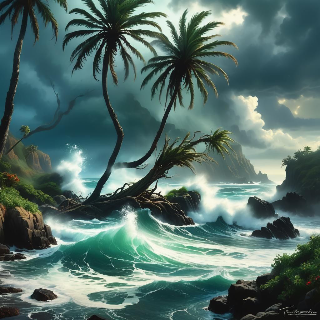Dramatic Shoreline Scene with Crashing Waves