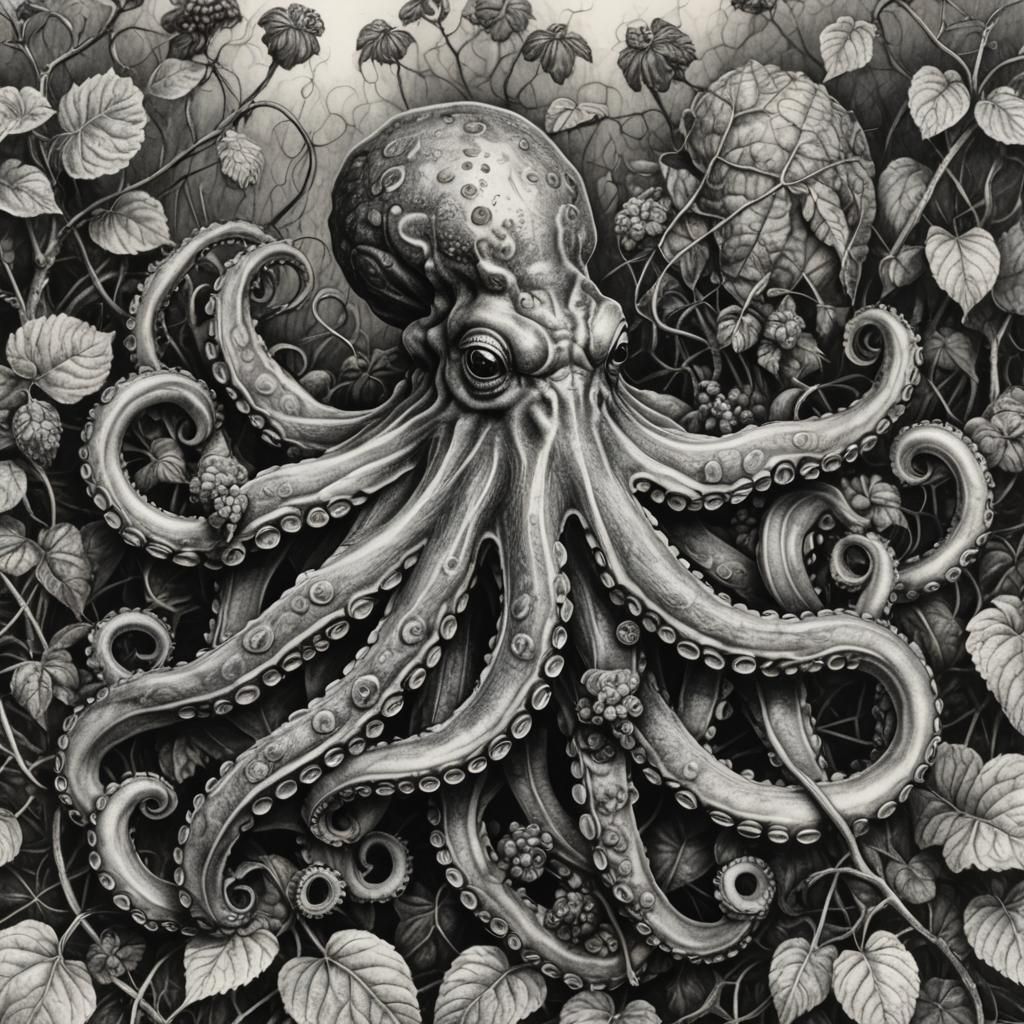 Detailed Charcoal Drawing: Octopus on Bramble Pencil