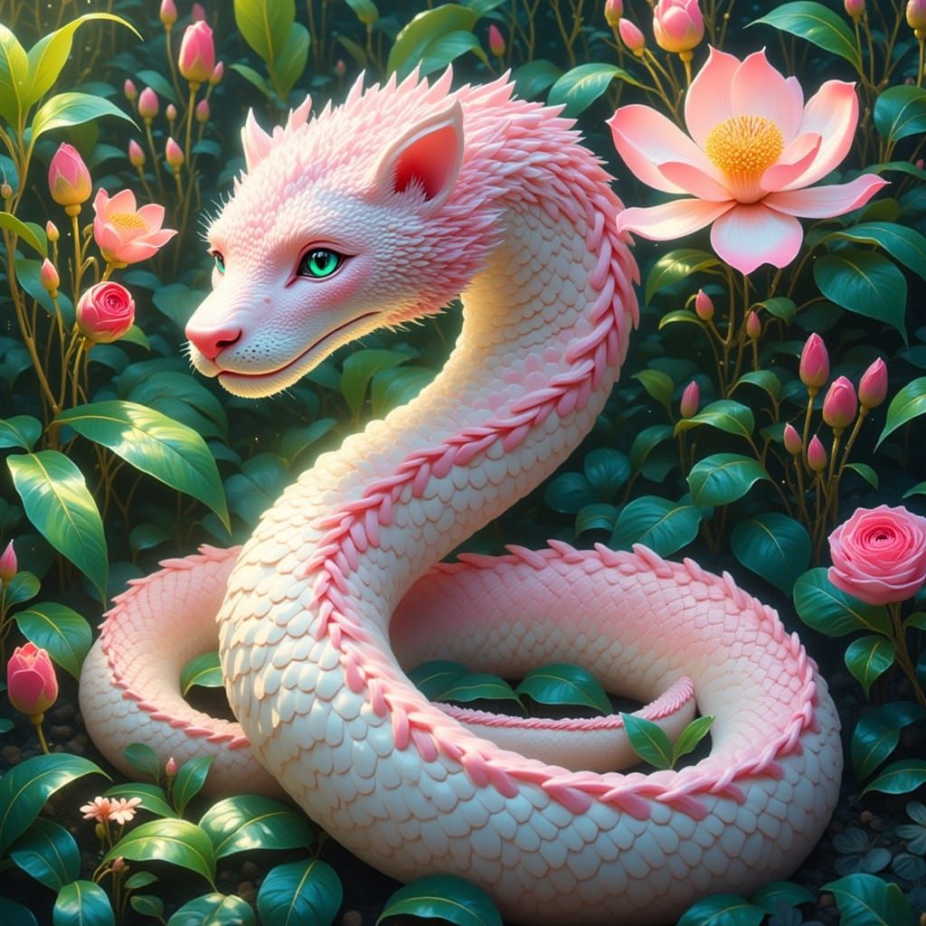 Majestic Serpent in Vibrant Garden, Inspired by Surrealist A...