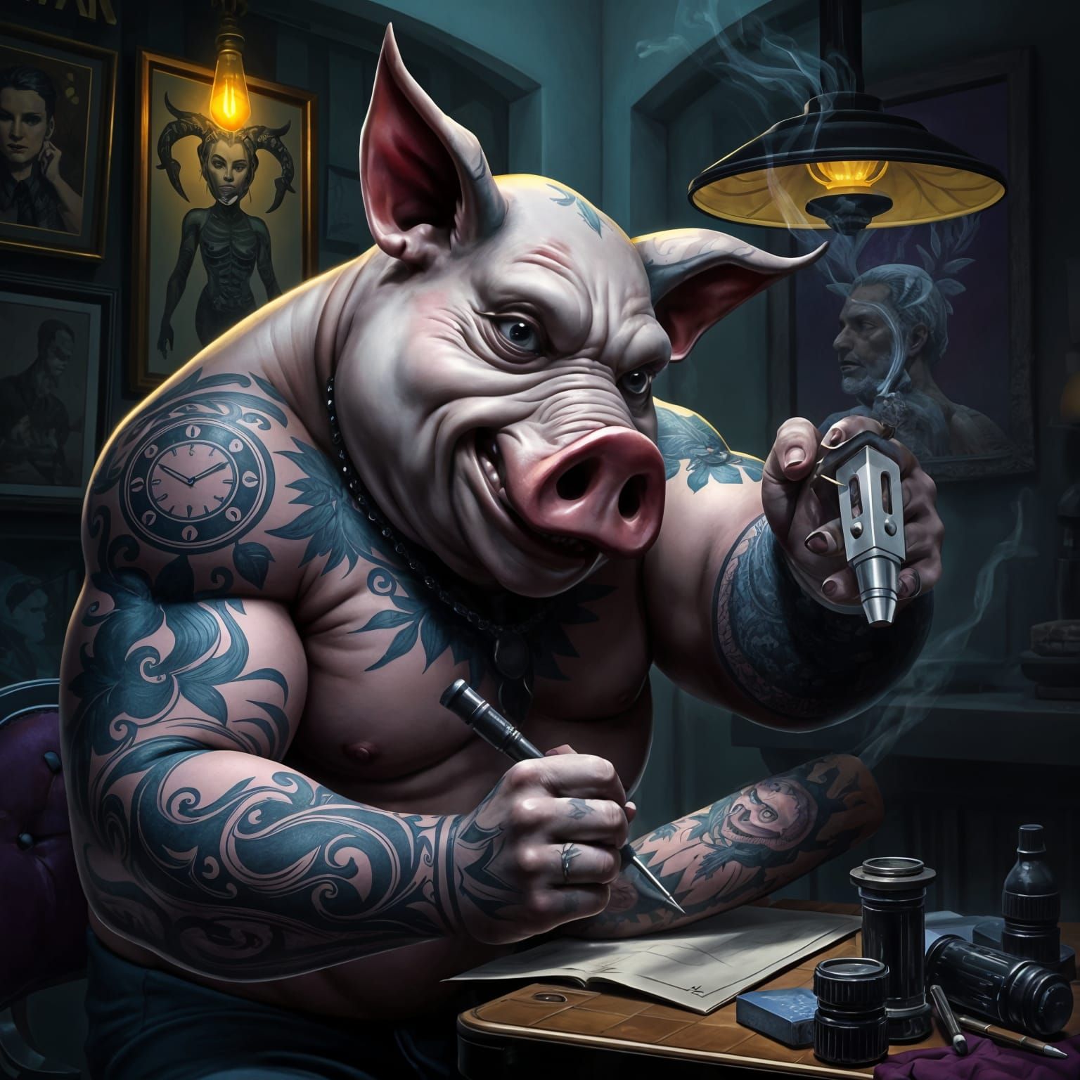 Pig Tattoo Artist in Dark Fantasy Style