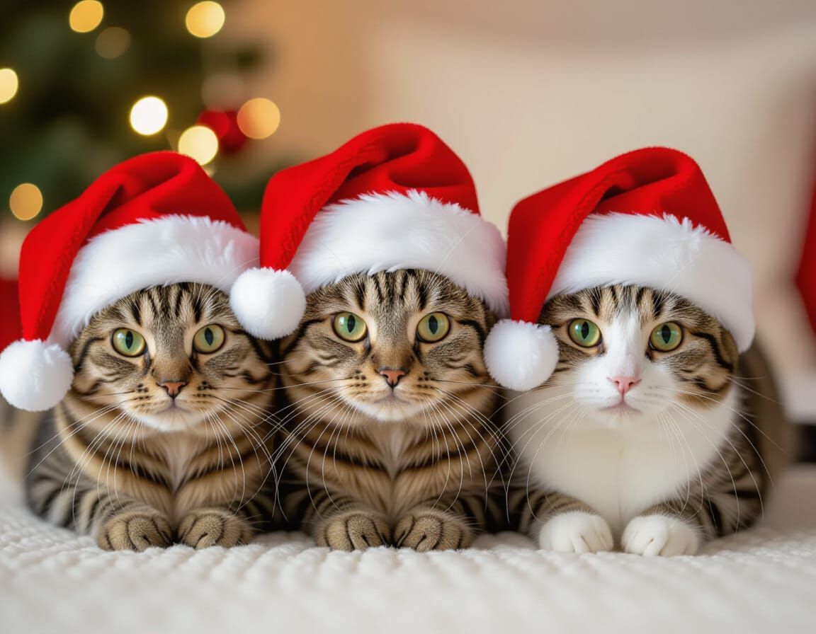 Adorable Cats in Santa Hats with Comical Tilt