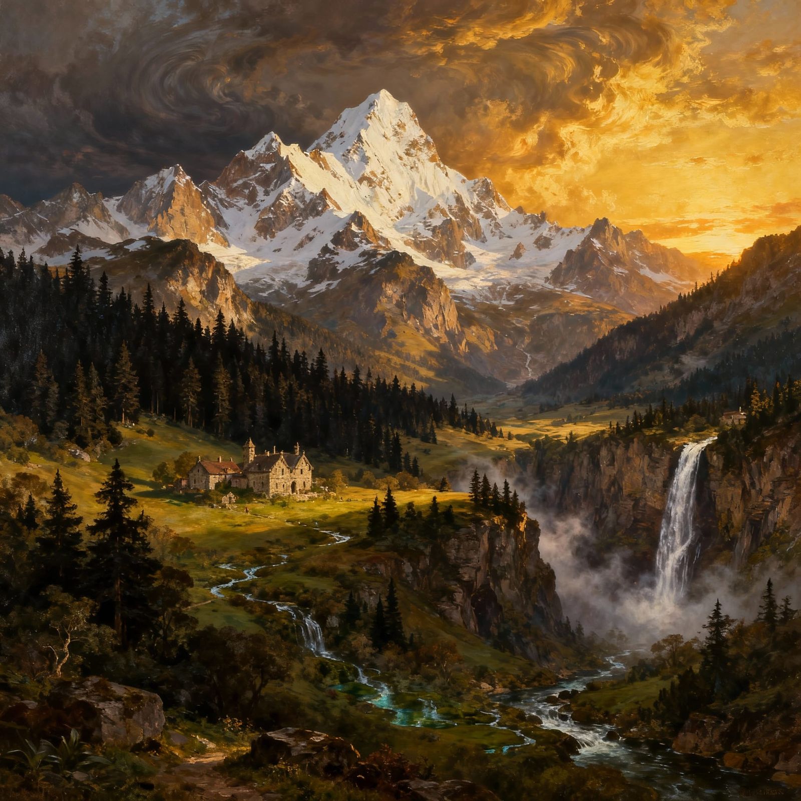 Epic Classical Mountain Landscape Oil Painting