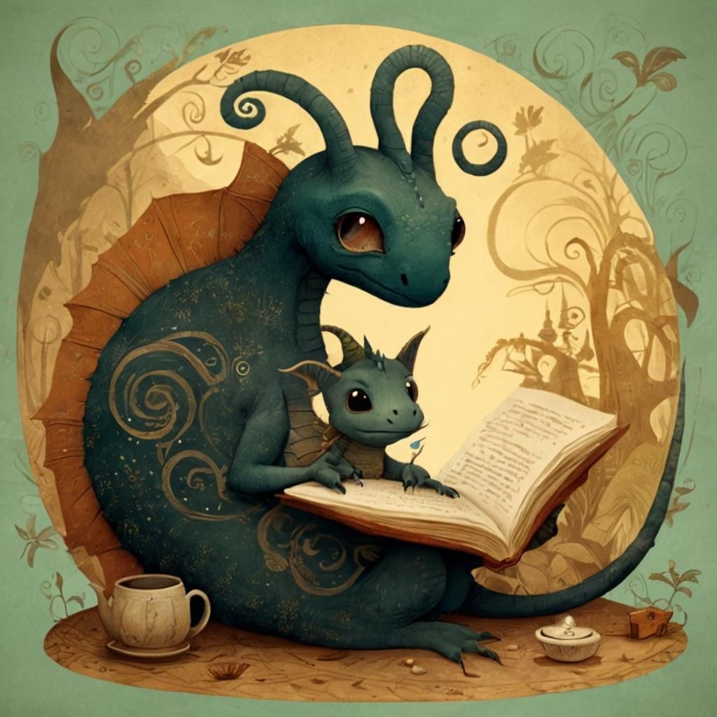 Cute Dragon Reading to Hatchling in Cozy Home