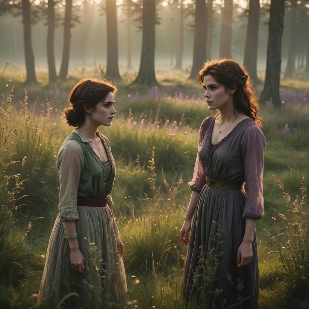 Bella and Alice in Misty Sunset Meadow