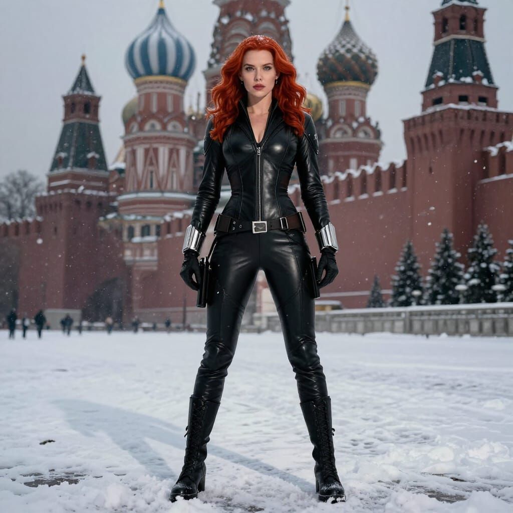 Black Widow at Kremlin in Snowy Spy Thriller Style