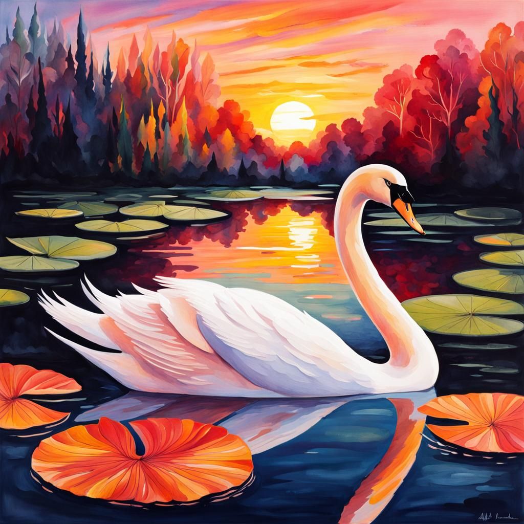 Graceful Swan Flame Floats on Pond: Watercolor