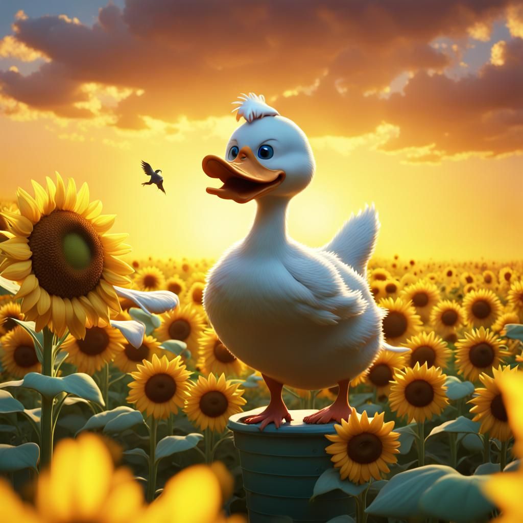 Duck vs Cat in Sunflower Field: 3D Render