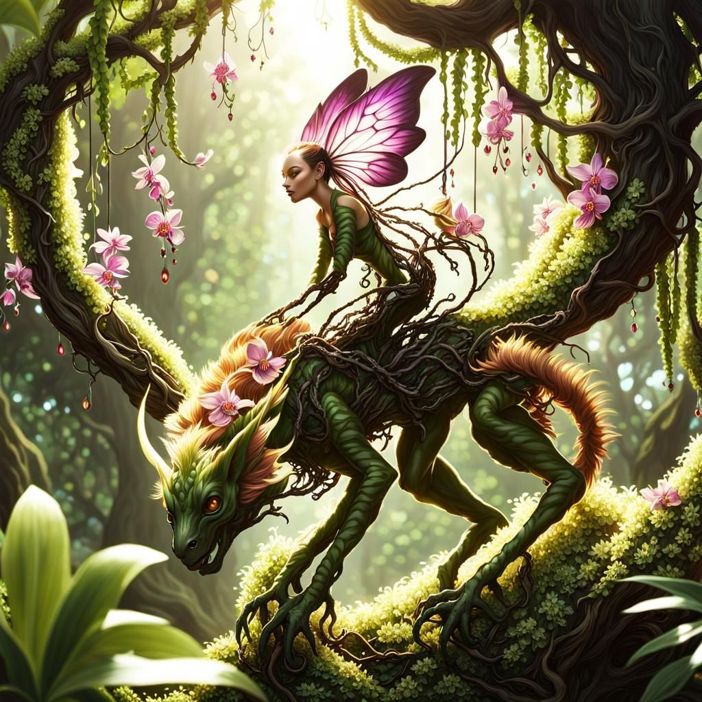 Baby Nymph Dryad Rides Alien Creature in Forest