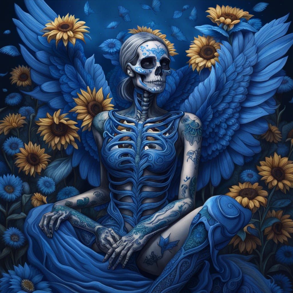 Blue Tattooed Skeleton in Sunflower Field: Hyperrealistic Sp...
