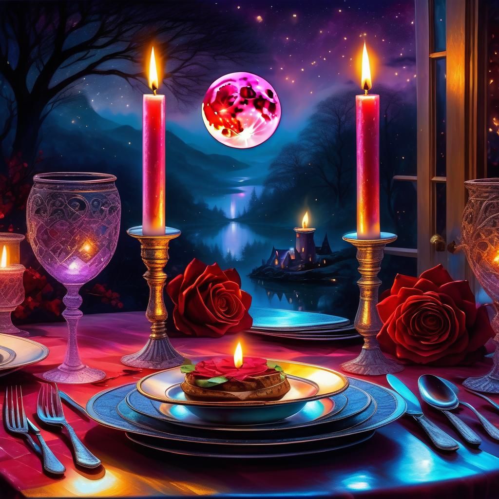 Romantic Candlelight Dinner: Cosmic Fantasy Illustration