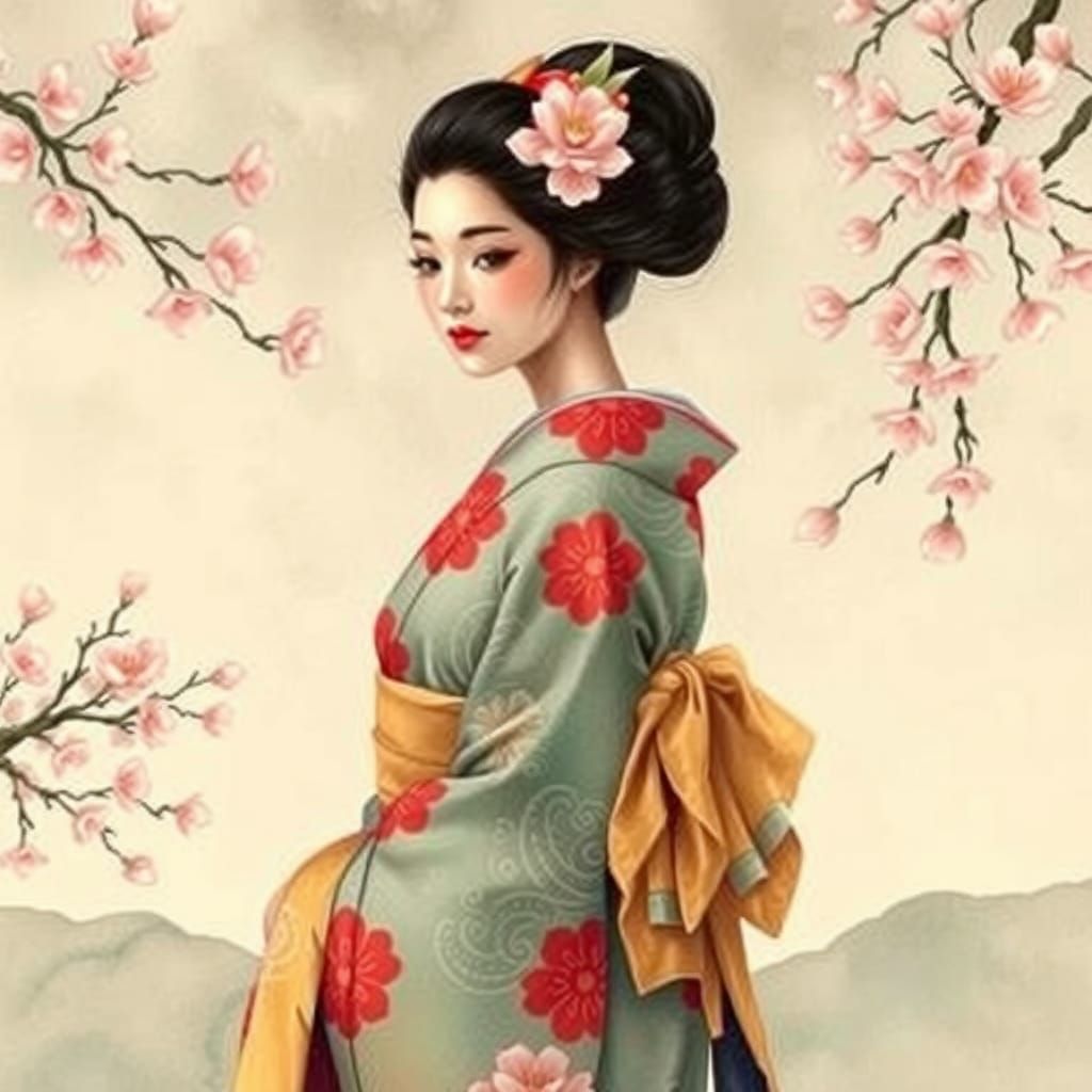 Geisha in Kimono in Ukiyo-e Japanese Painting Style