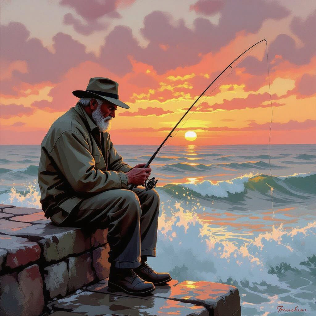 Sunset Fisherman on Ancient Pier: A Study in Warm Hues