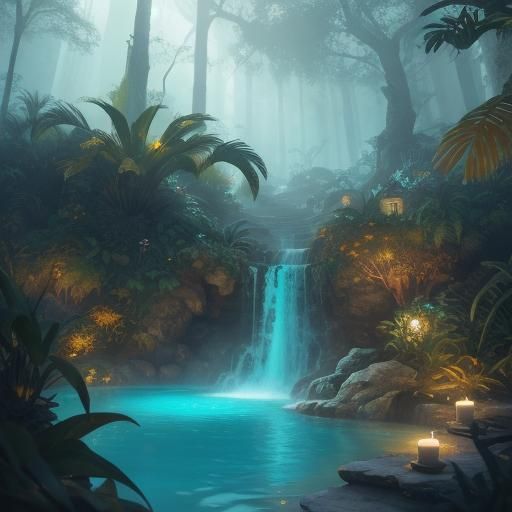 Mystical Woman Bathes in a Glowing Pool