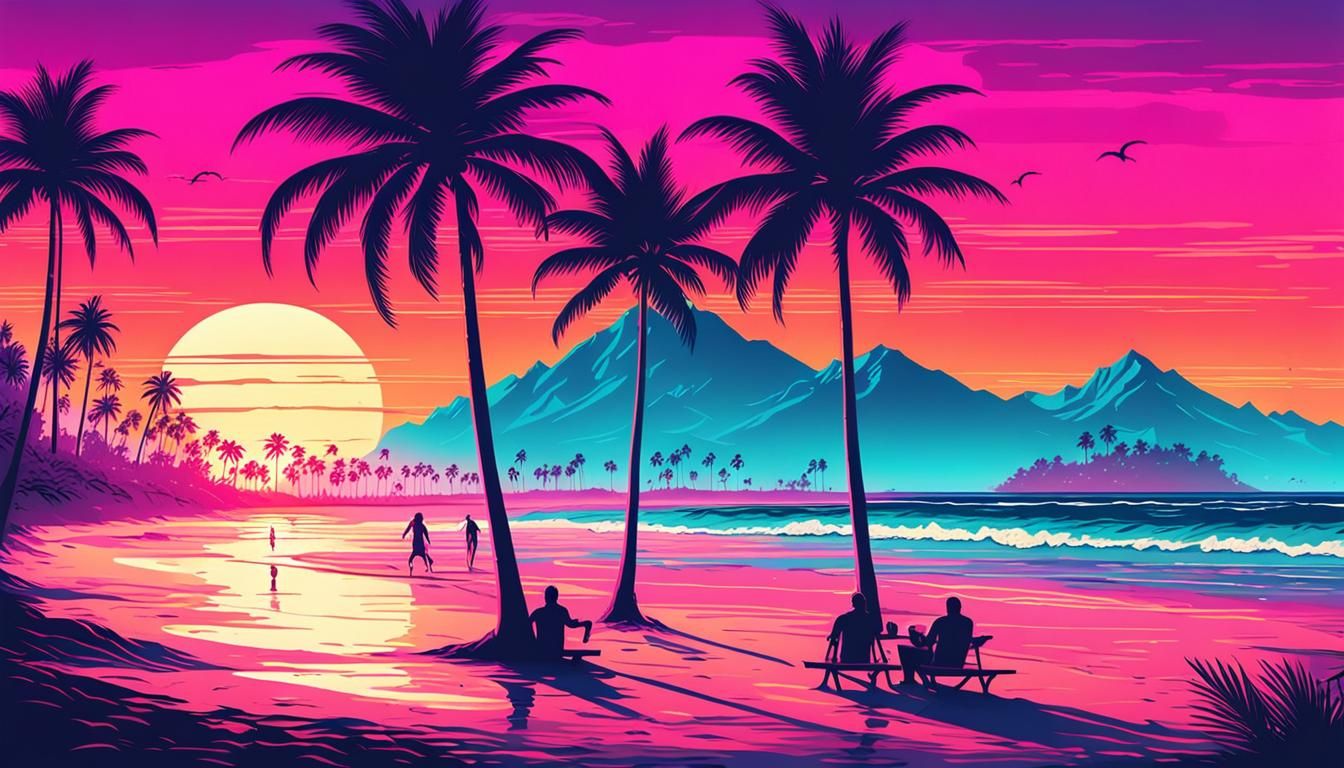 Synthwave Beach Scene with Families and Neon Colors