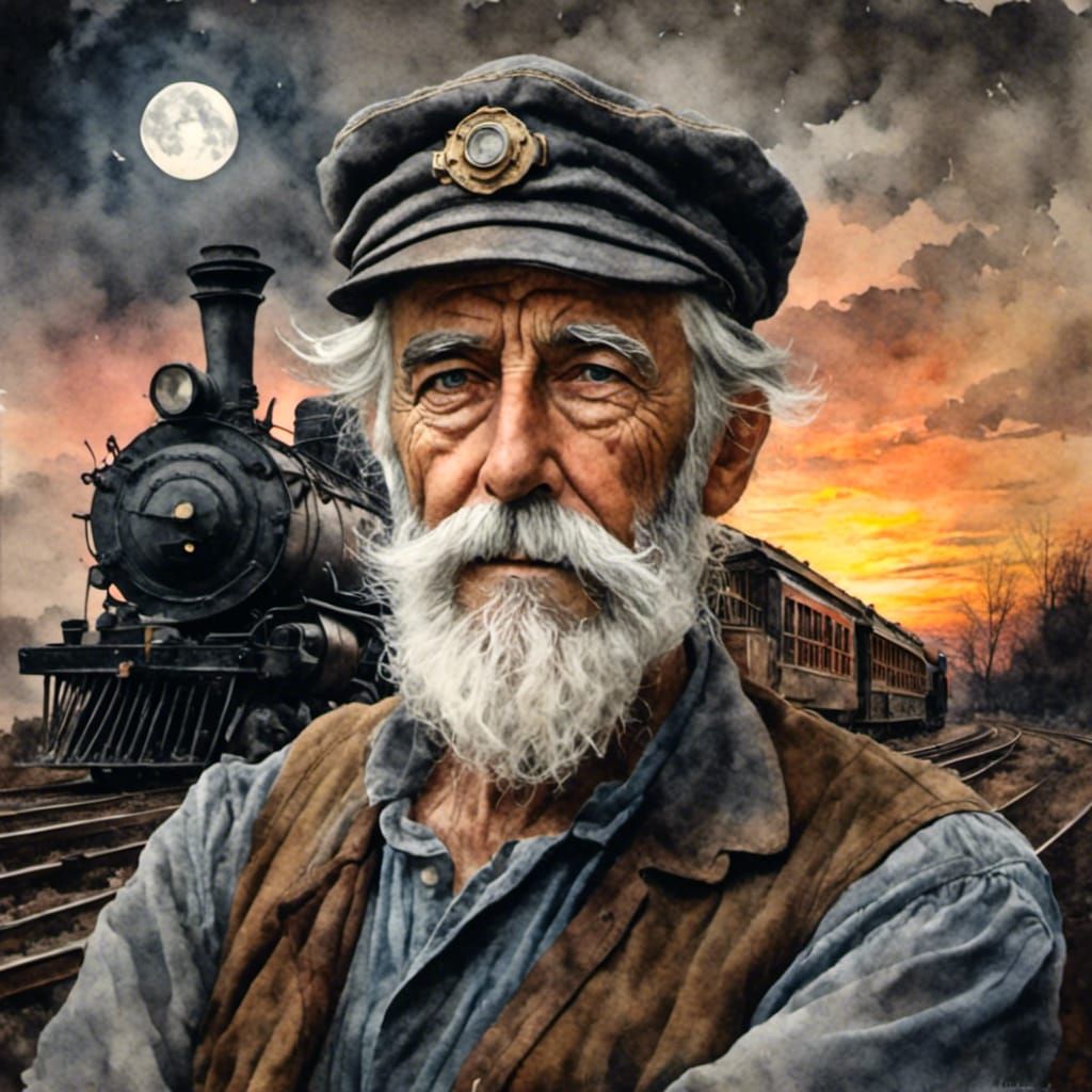 Antique Watercolor Portrait of a Train Engineer