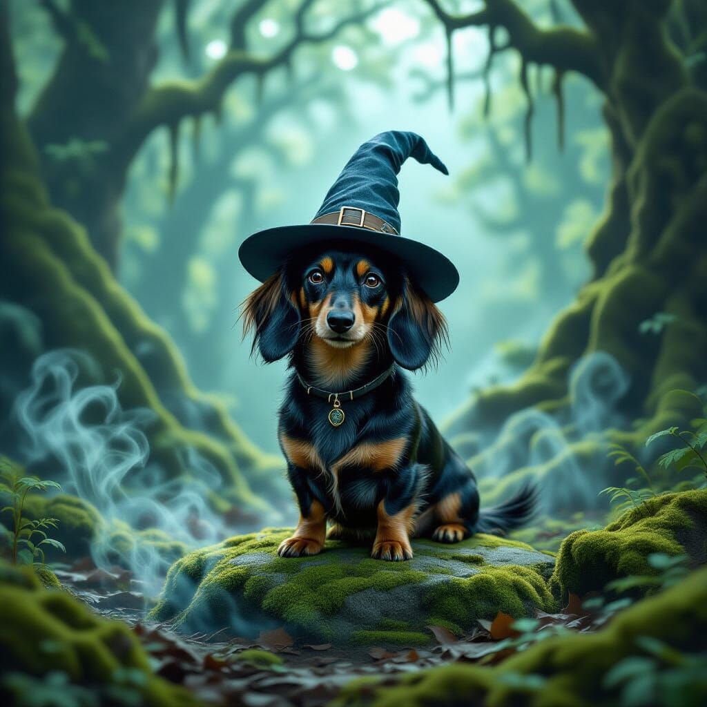 Dachshund Wizard in Misty Ancient Forest