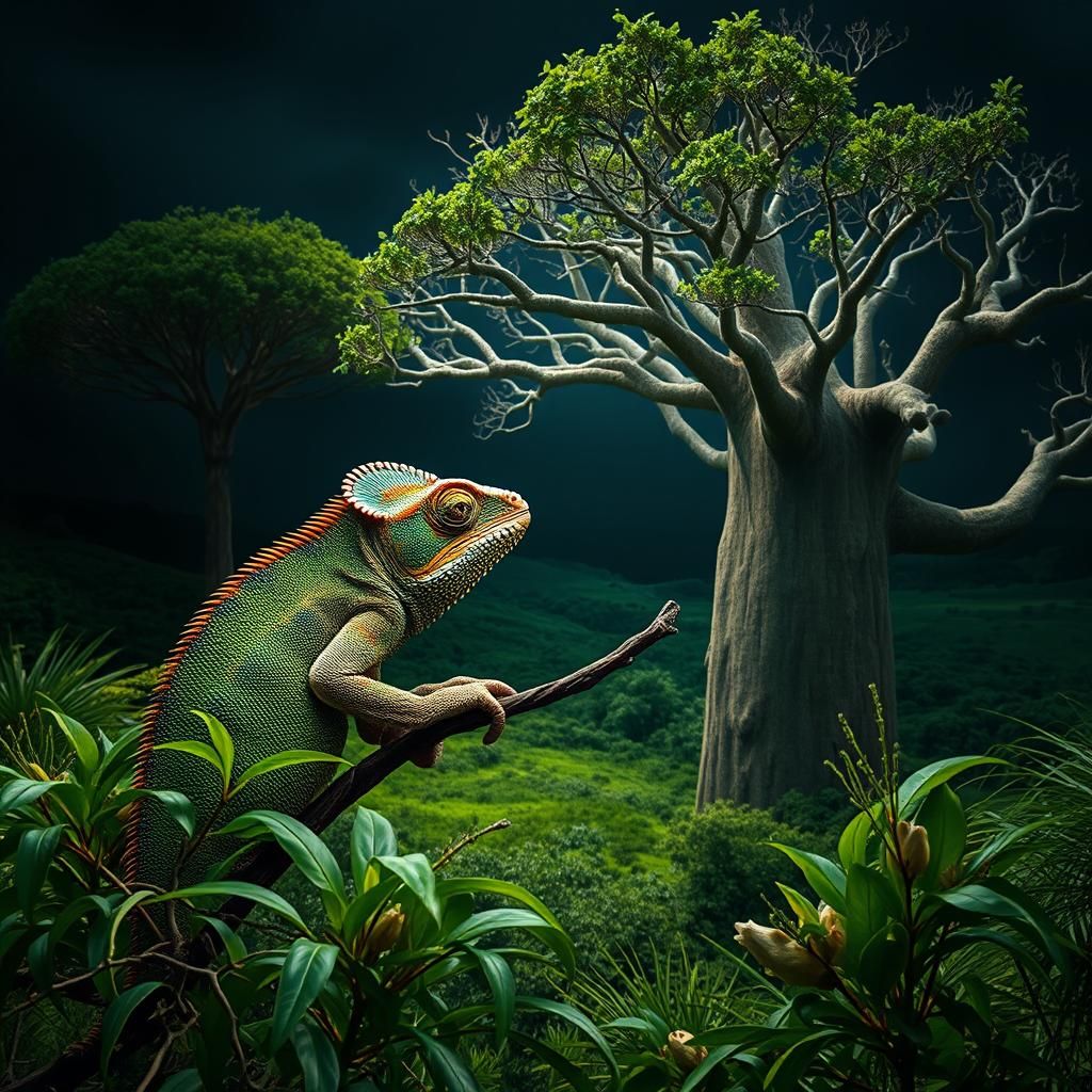 Chameleon Admiring Madagascar Landscape, Photorealistic Illu...
