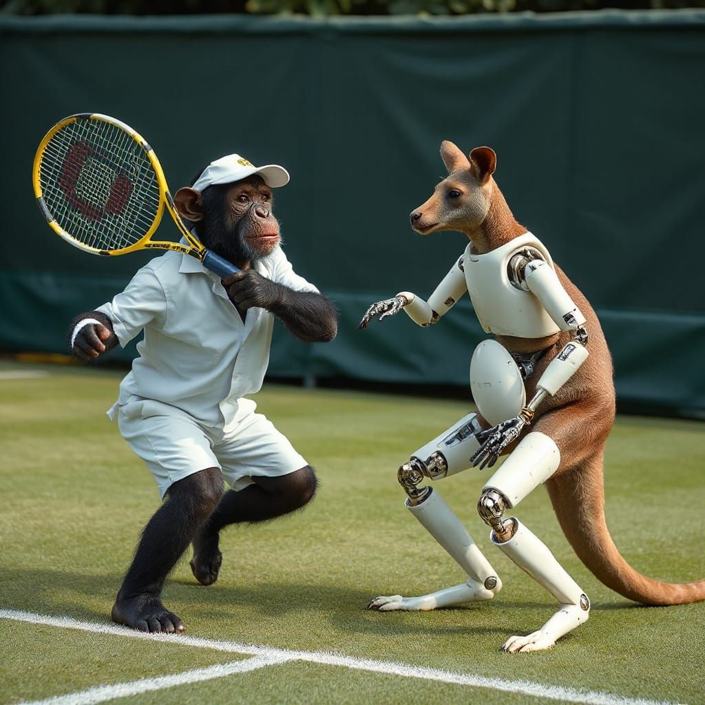 Chimpanzee Tennis Star Faces Robotic Kangaroo