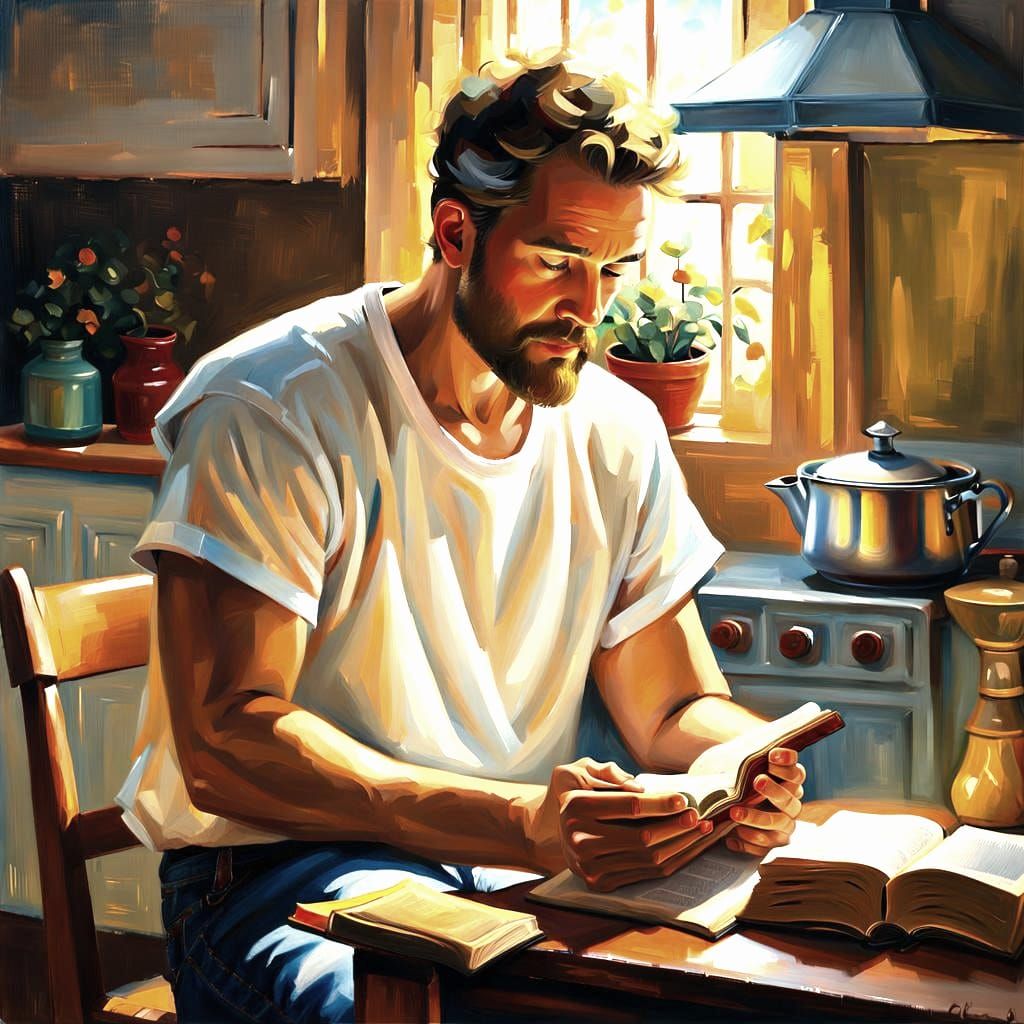 Man Praying with Bible: Colorful Oil Painting