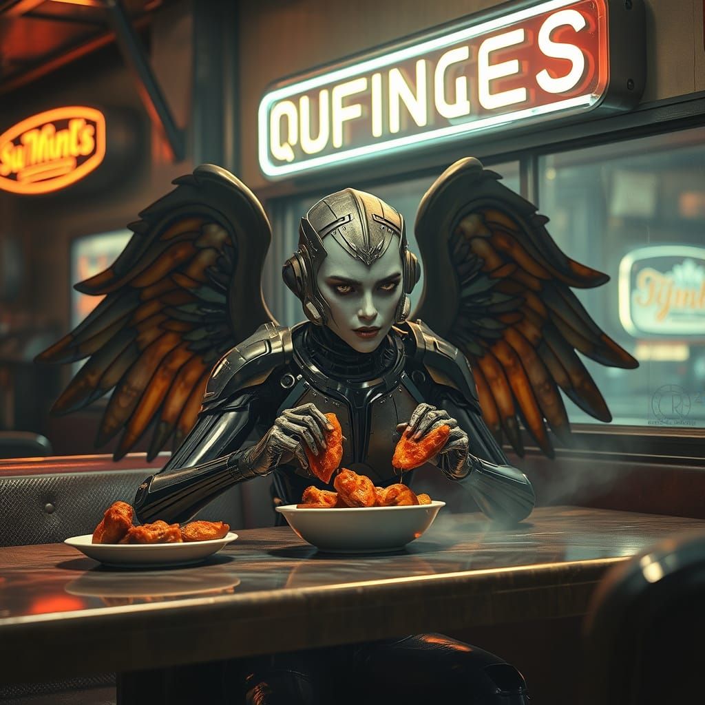 Angel-Cyborg Hybrid at Diner in Industrial Futurism
