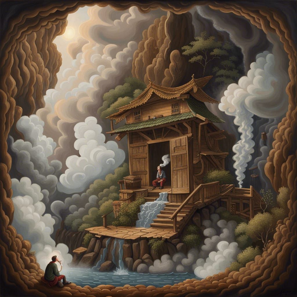 Mystical Waterfall in Smoke: Fantasy Concept Art