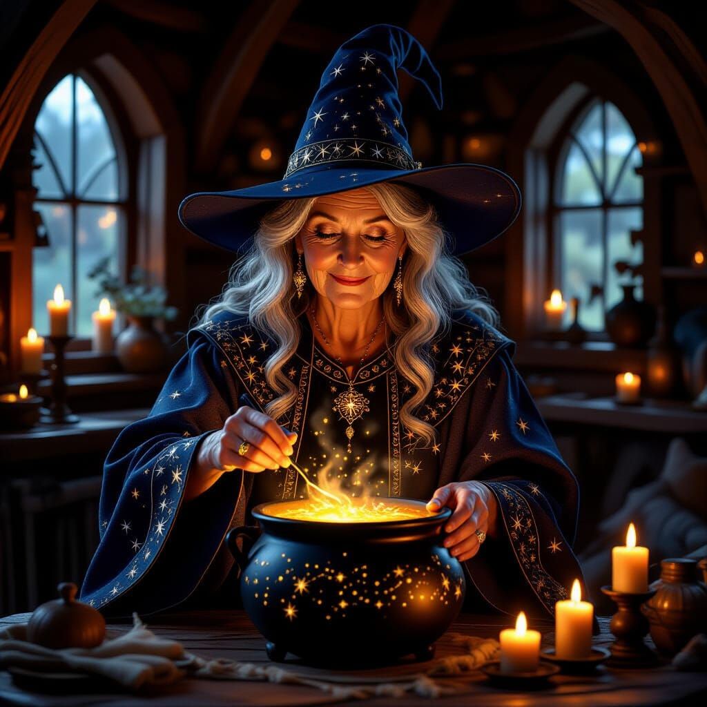 Wise Witch Brews Ethereal Potion in Cozy Cottage