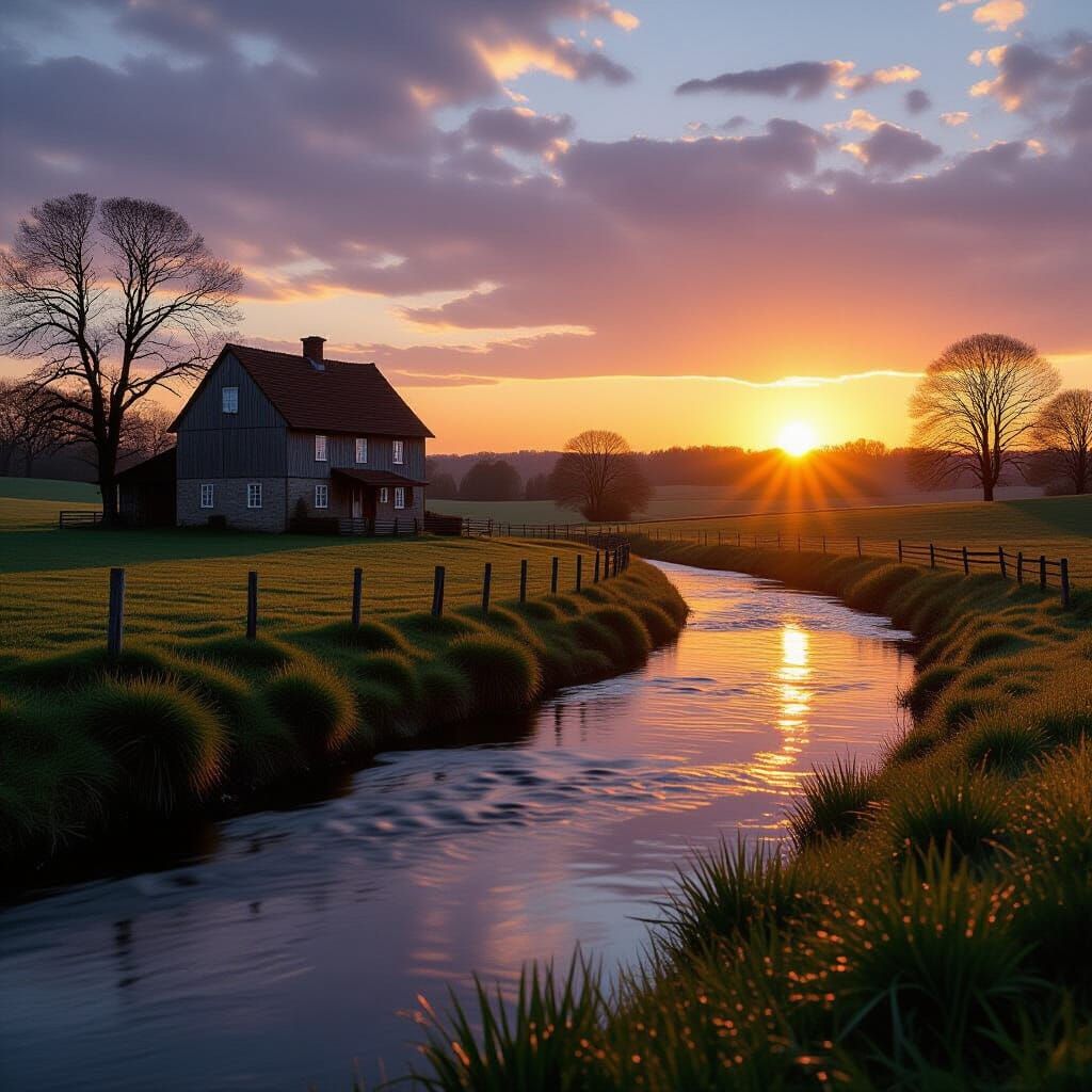 Picturesque Farmhouse Landscape at Sunset