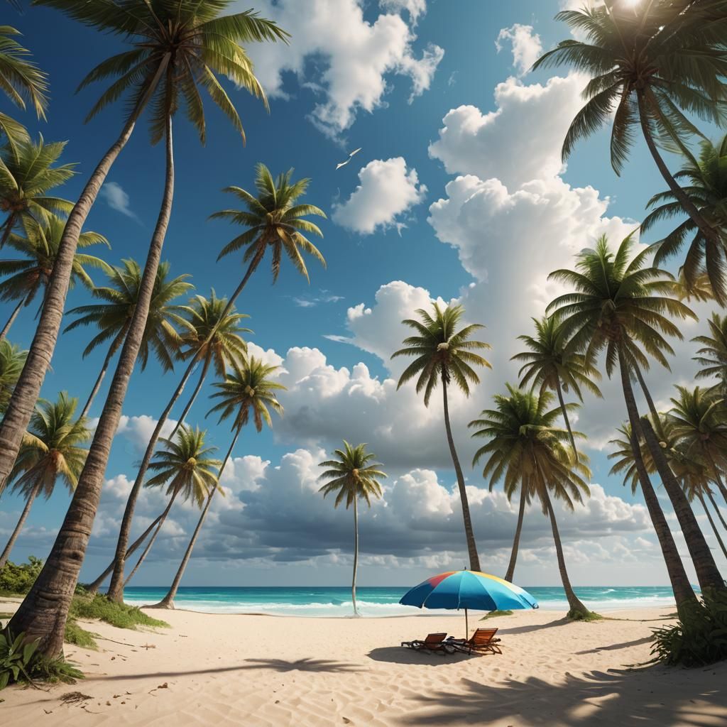 Tropical Beach Paradise with Striped Umbrella