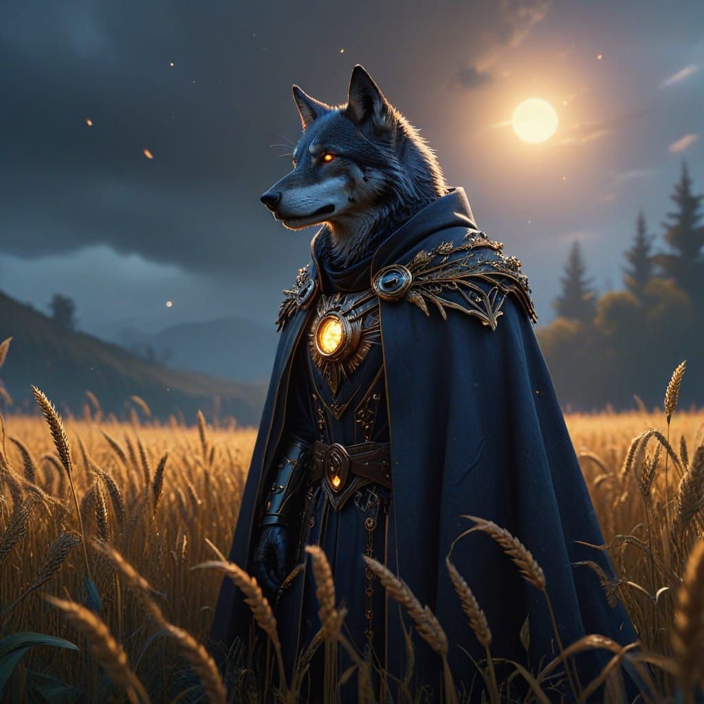 Steampunk Wolf Wizard in Twilight Field - Digital Art