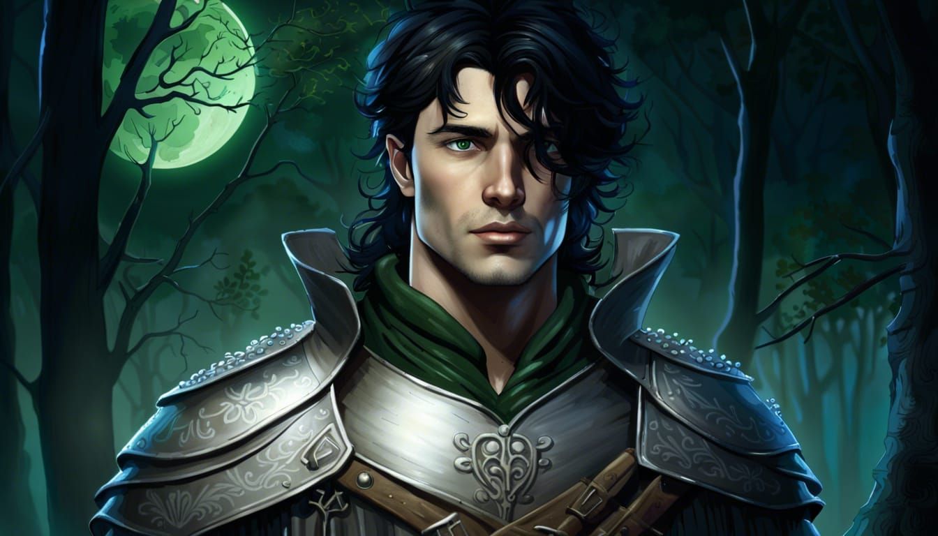 Detailed cg illustration of an extremely handsome medieval adventurer with tousled black hair and one 
of his eyes cover...