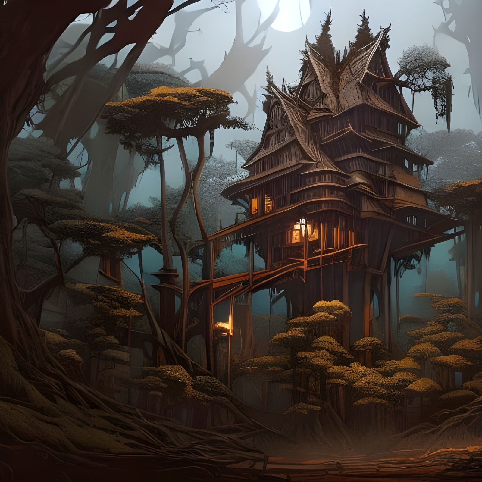 Creepy Treehouse in Dark Fantasy Forest