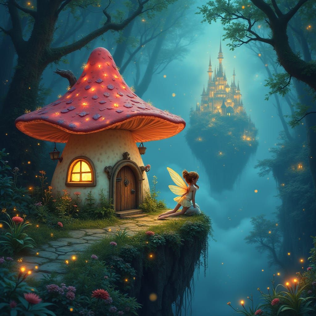 Enchanted Fairy Mushroom House in Bioluminescent Forest