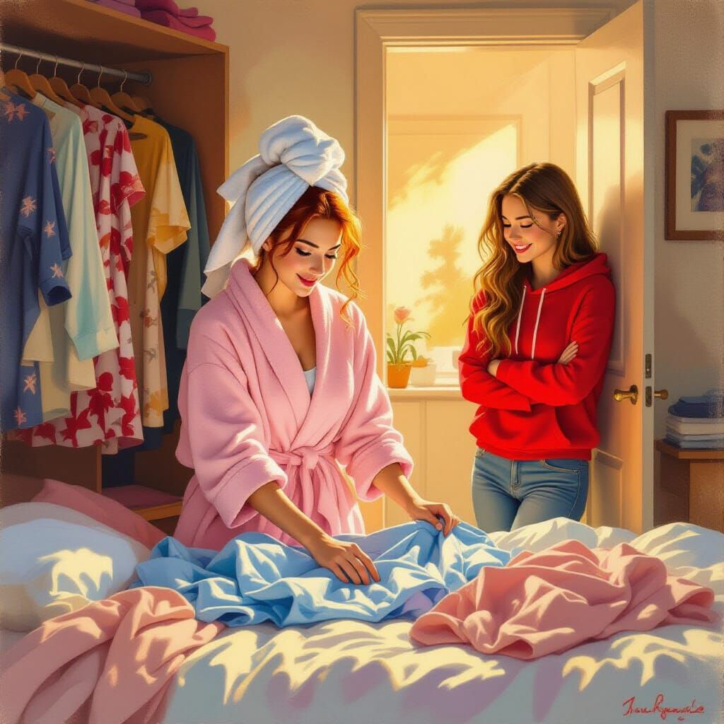 Two Young Women in a Cluttered Bedroom as Oil Painting