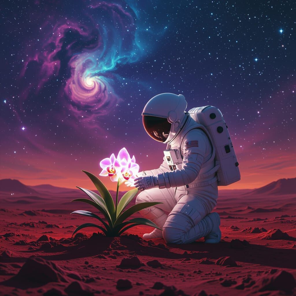 Astronaut Nurturing Bioluminescent Orchid on Alien Planet