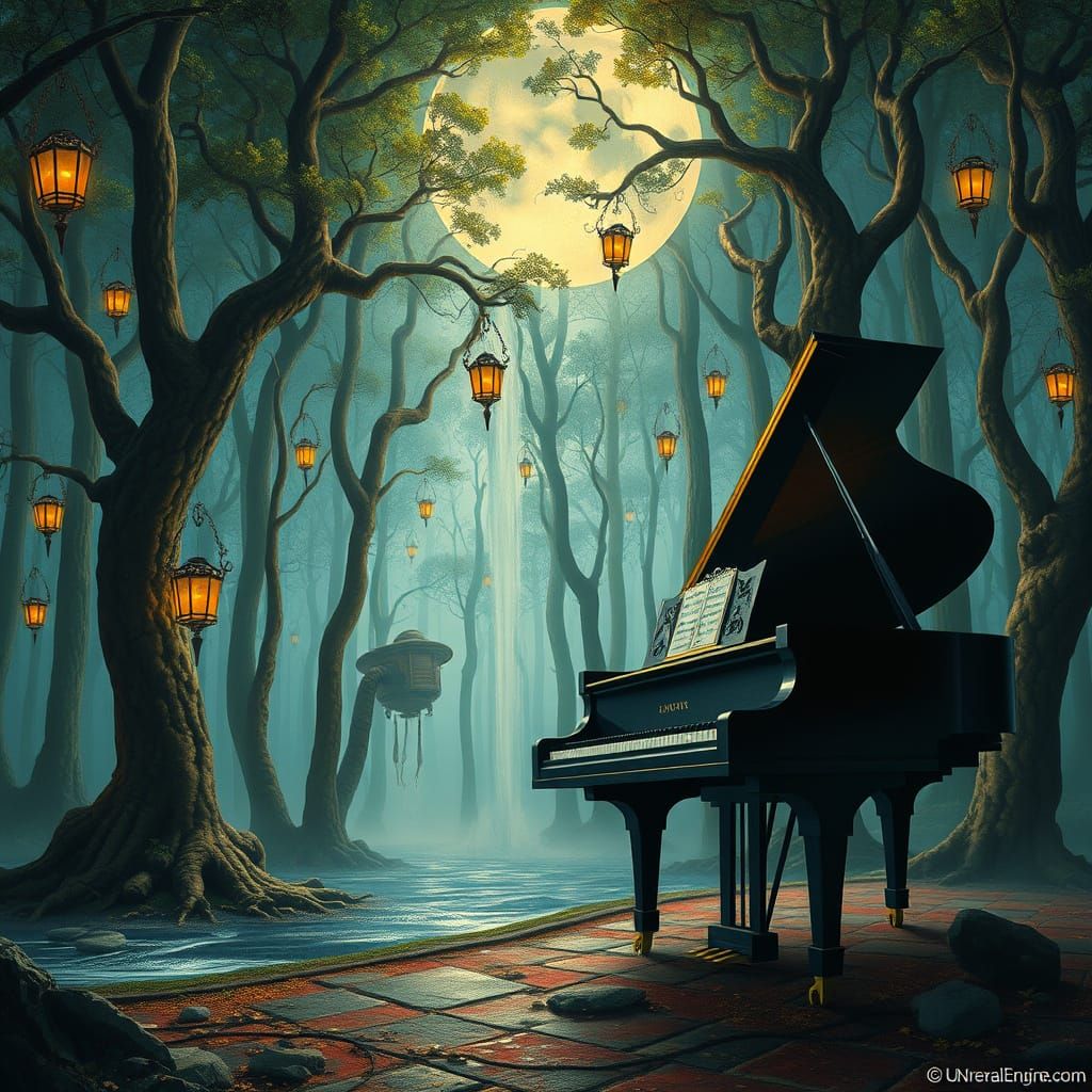 Dreamlike Piano Serenade in a Surreal Moonlit Forest