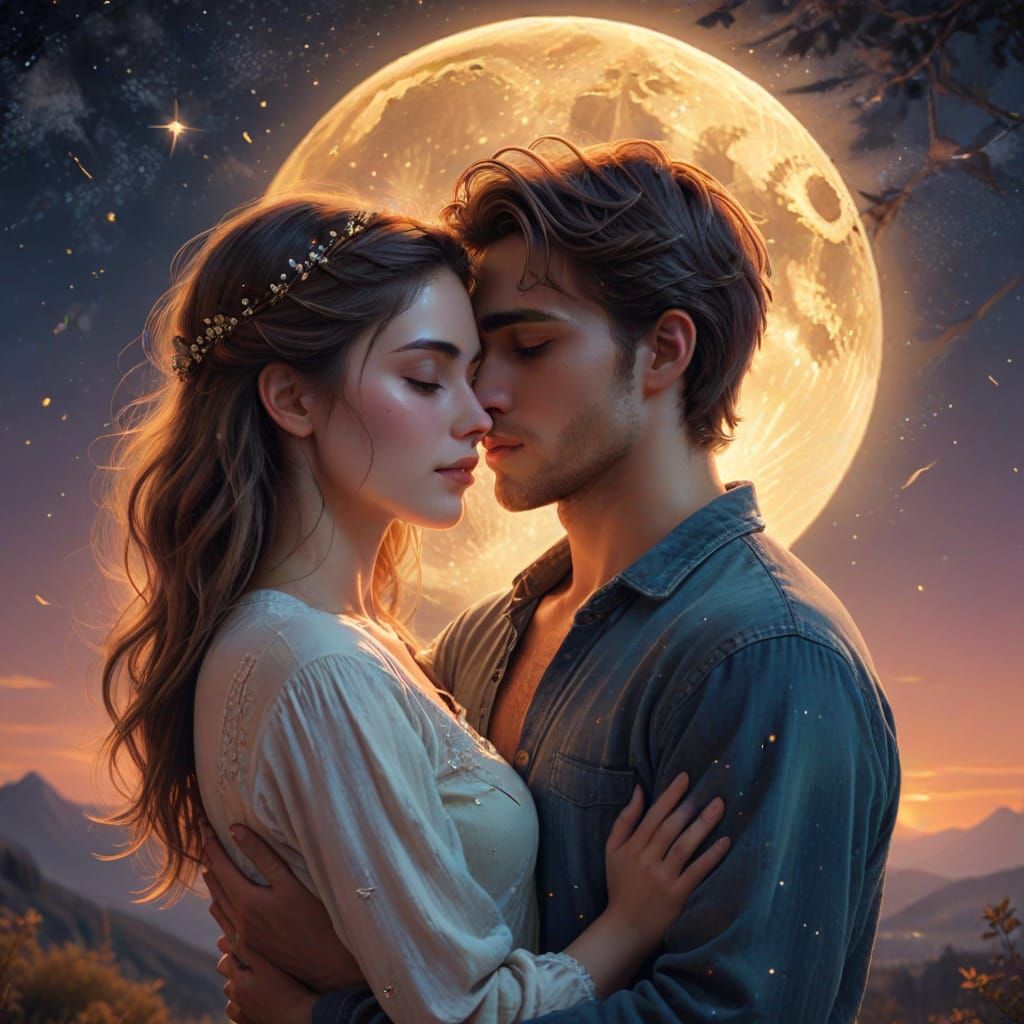Romantic Couple Embrace Under Moonlit Sky