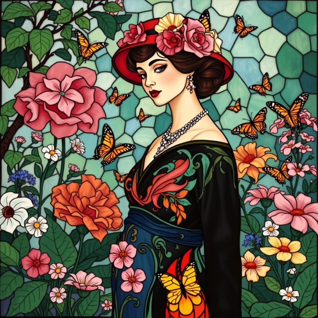 Elegant Art Nouveau Woman in a Tiffany Style Garden