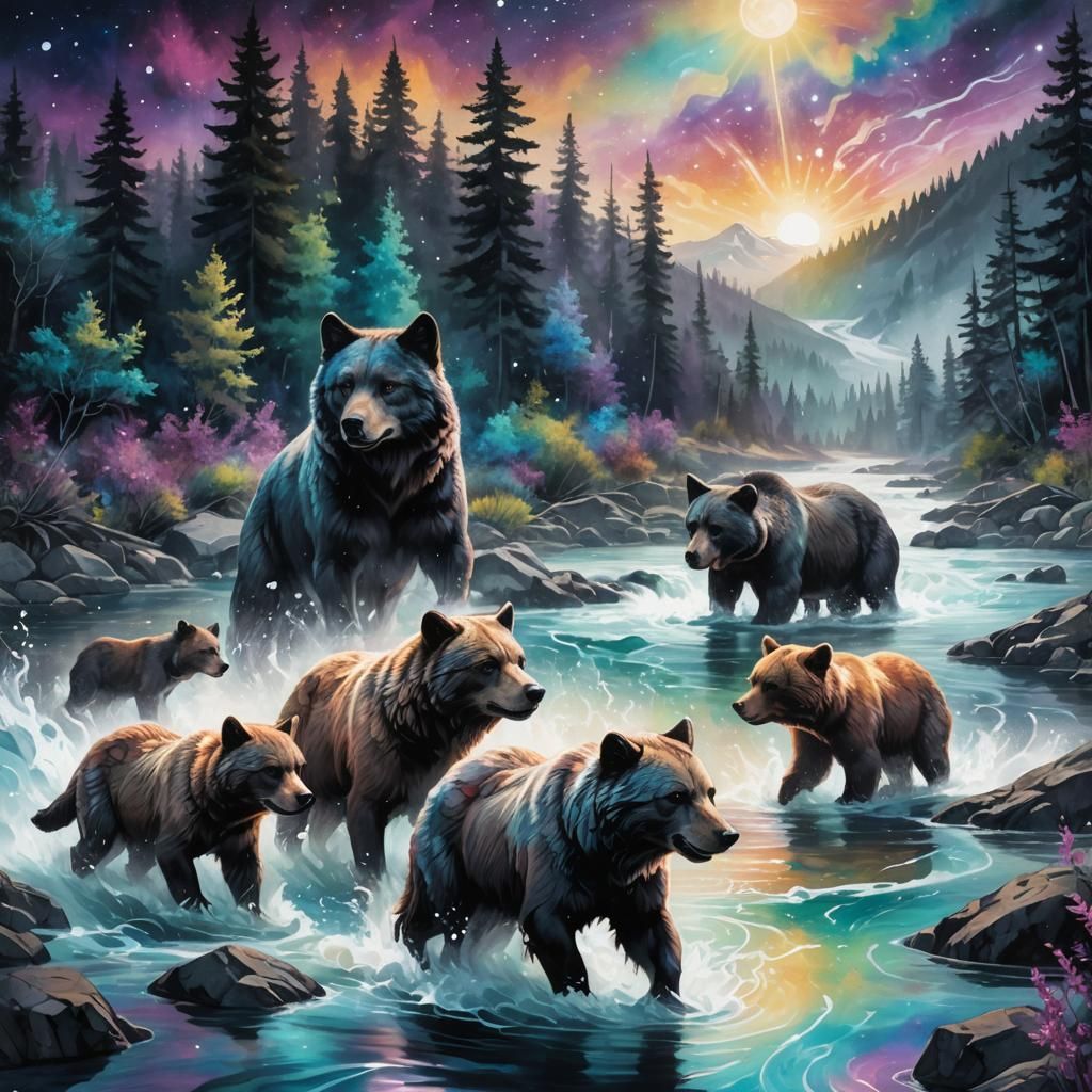 Wolf Pack and Bears in Astral Landscape