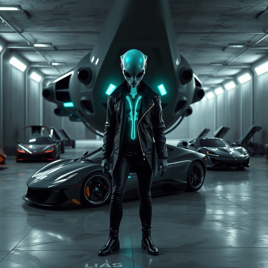 Alien in Futuristic Garage with Exotic Cars