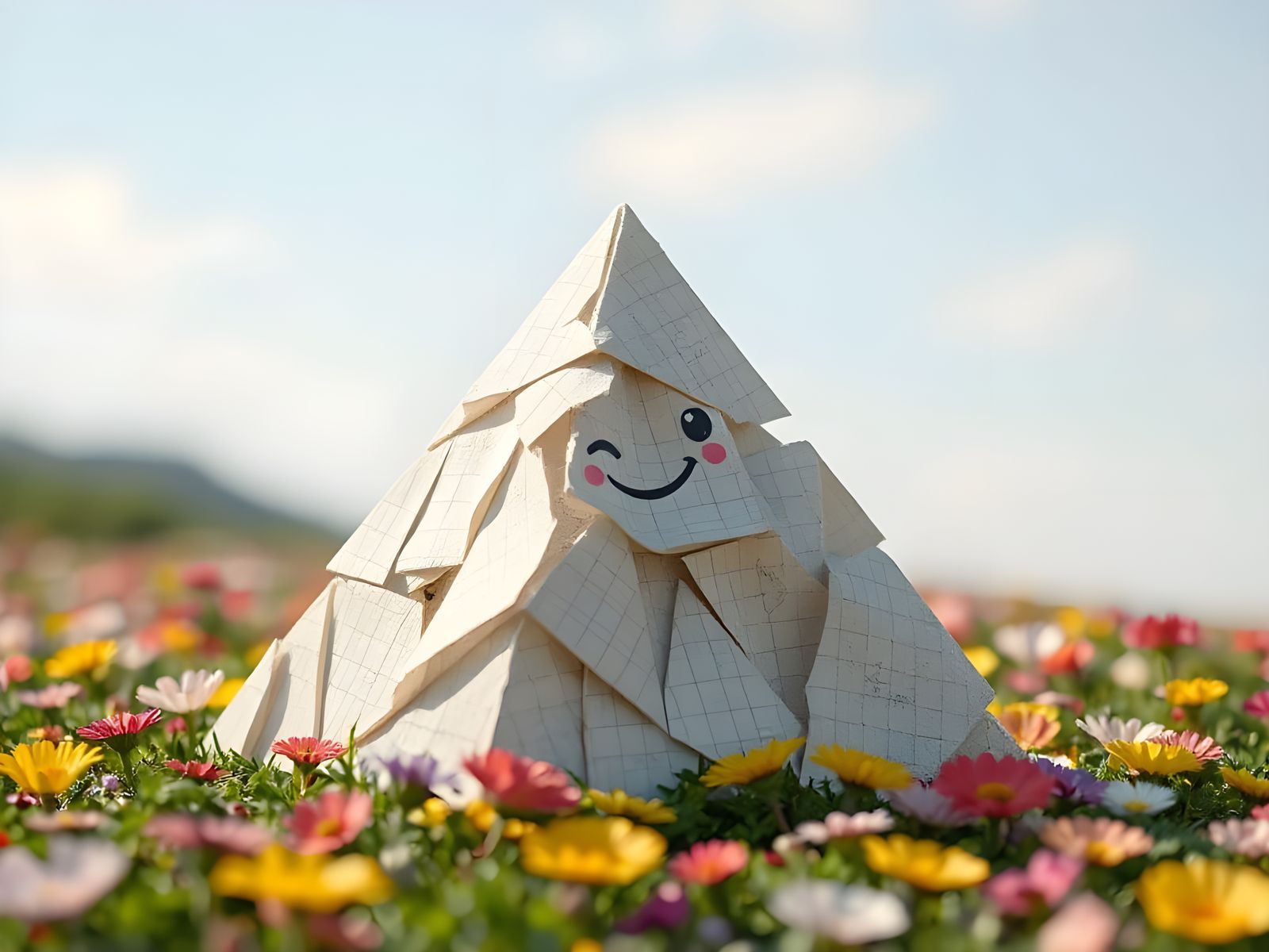 Miniature Paper Pyramid in Hyperrealistic CGI Style