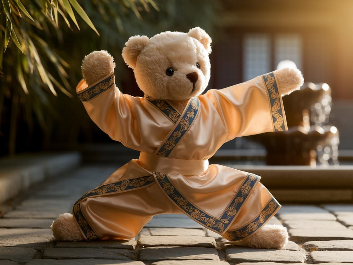 Teddy Bear Performs Kung Fu in Chinese Garden