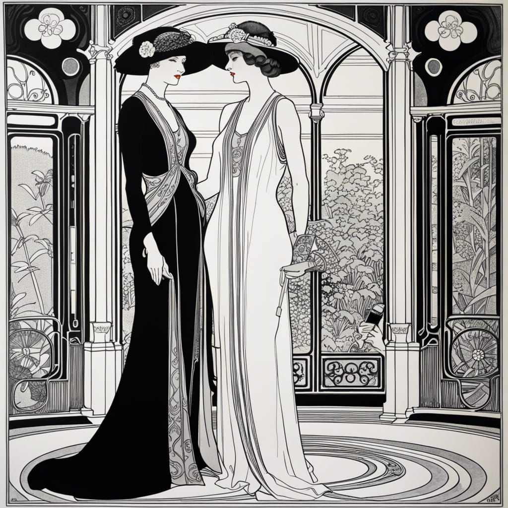Elegant Women in Art Deco Garden: Ink Drawing
