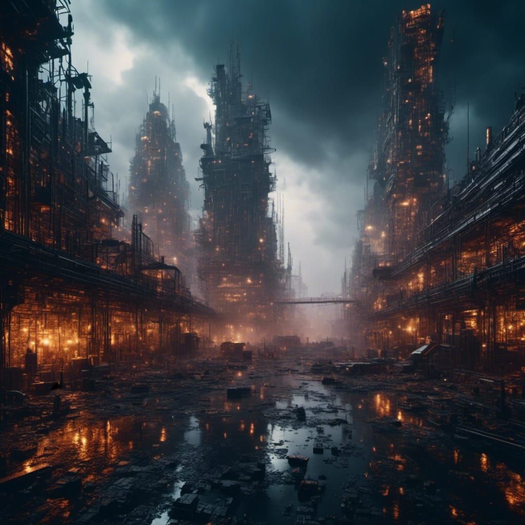 Retro-Futuristic City Destroyed in Dark Mist