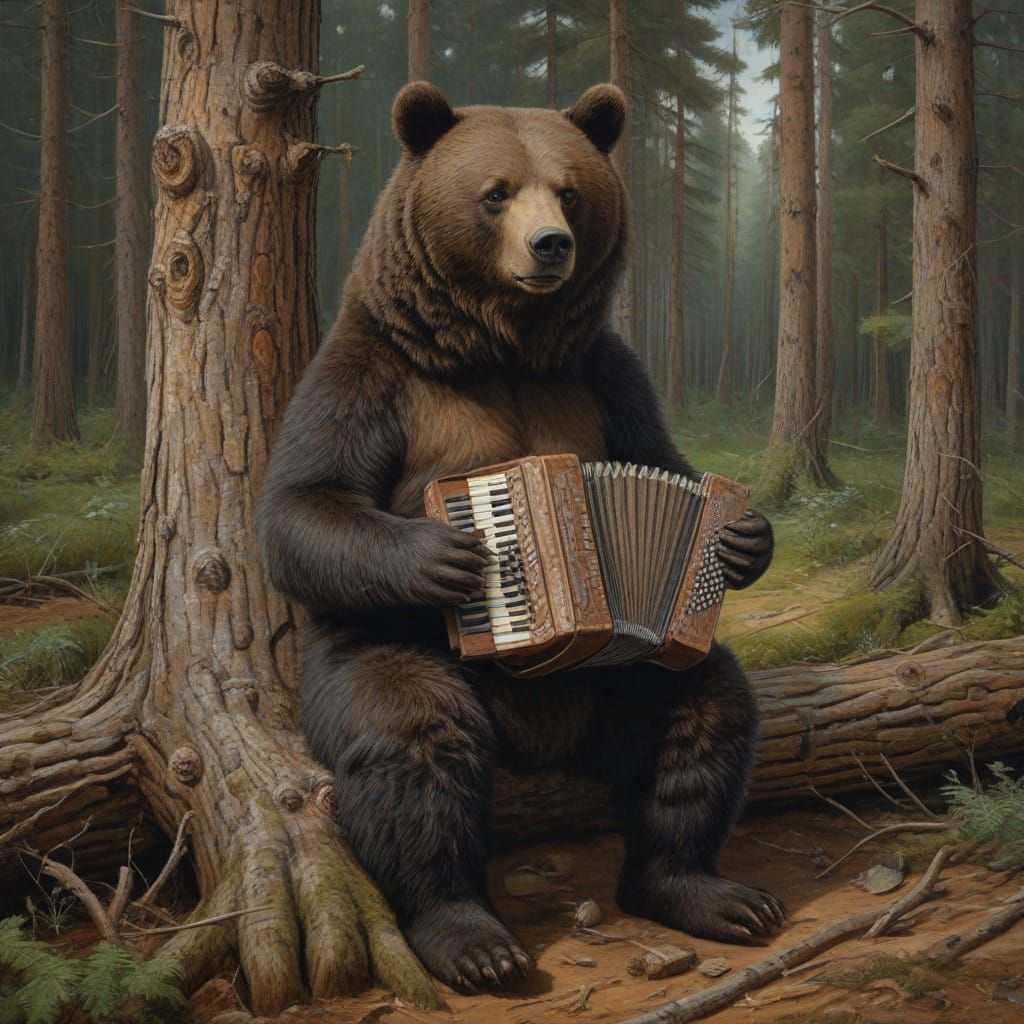 Bear in Rustic Pine Forest Plays Accordion