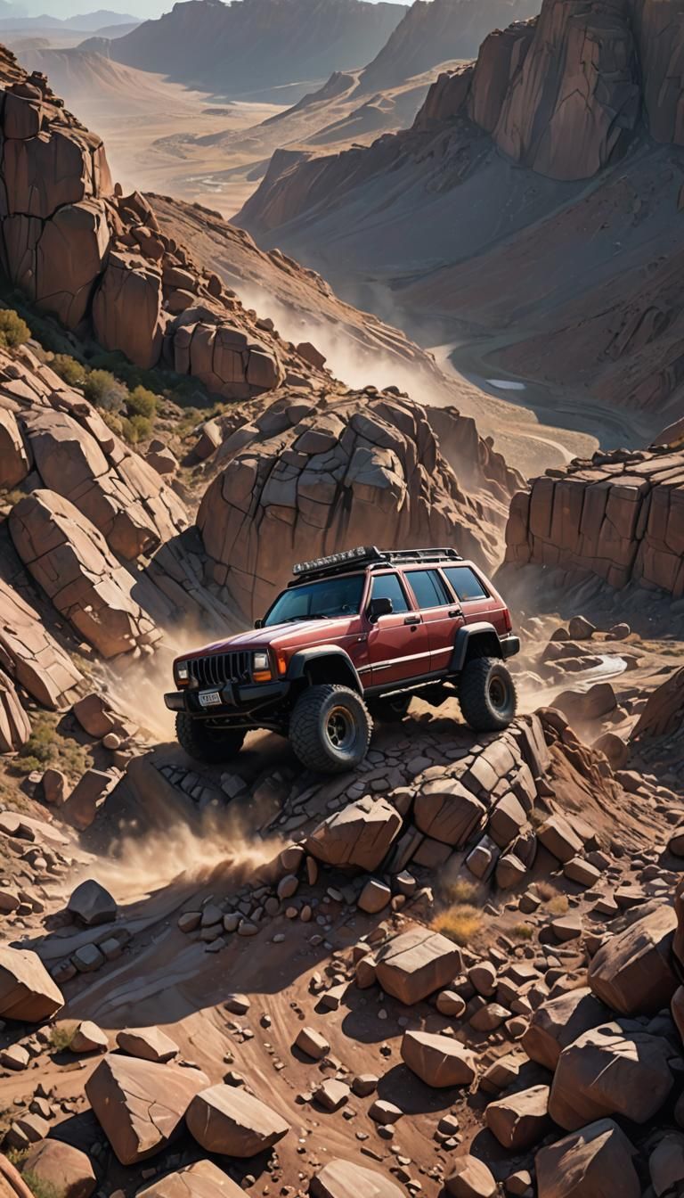 Jeep XJ Climbs Rocky Ridge in Splash Art Style